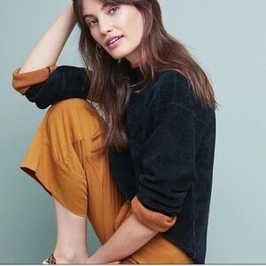 Anthropologie Moth Chenille Sweater Medium Black Brown Trim Cozy